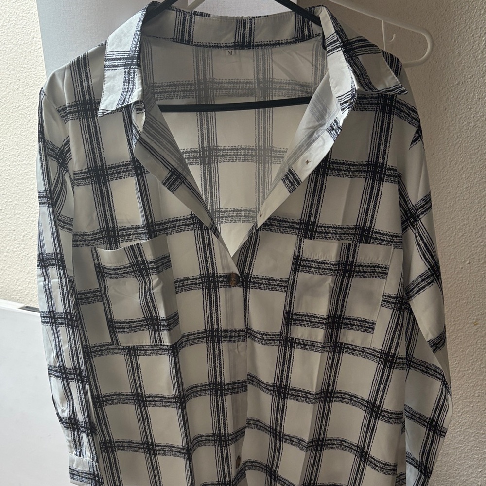 White and Black Plaid Button-Up Blouse